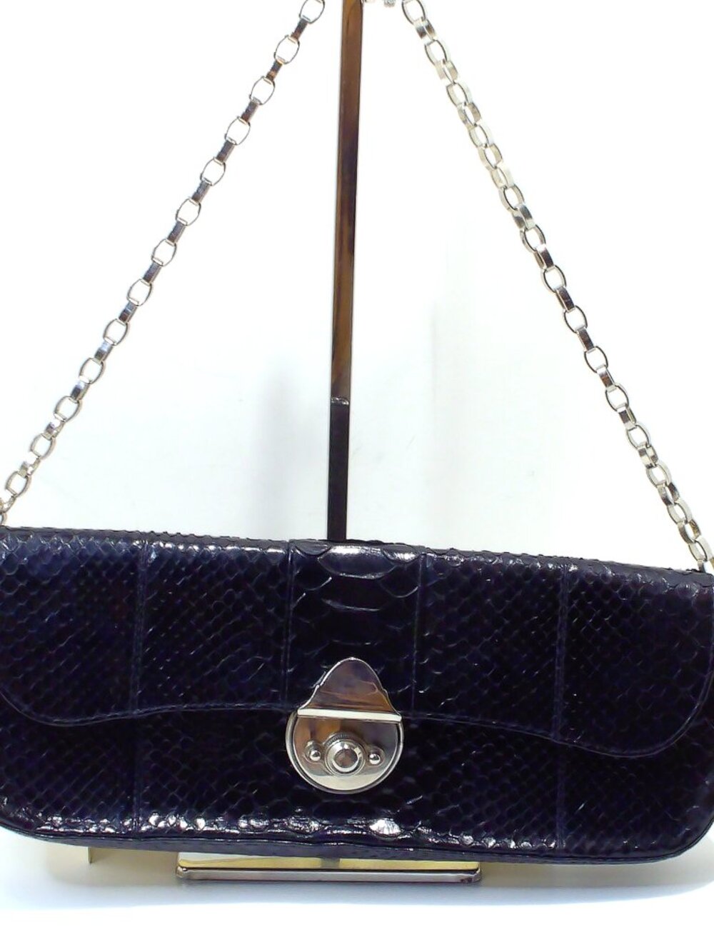 LAI, Black Python Clutch/Shoulder Bag with Silver Hardware, Silver Chain Strap